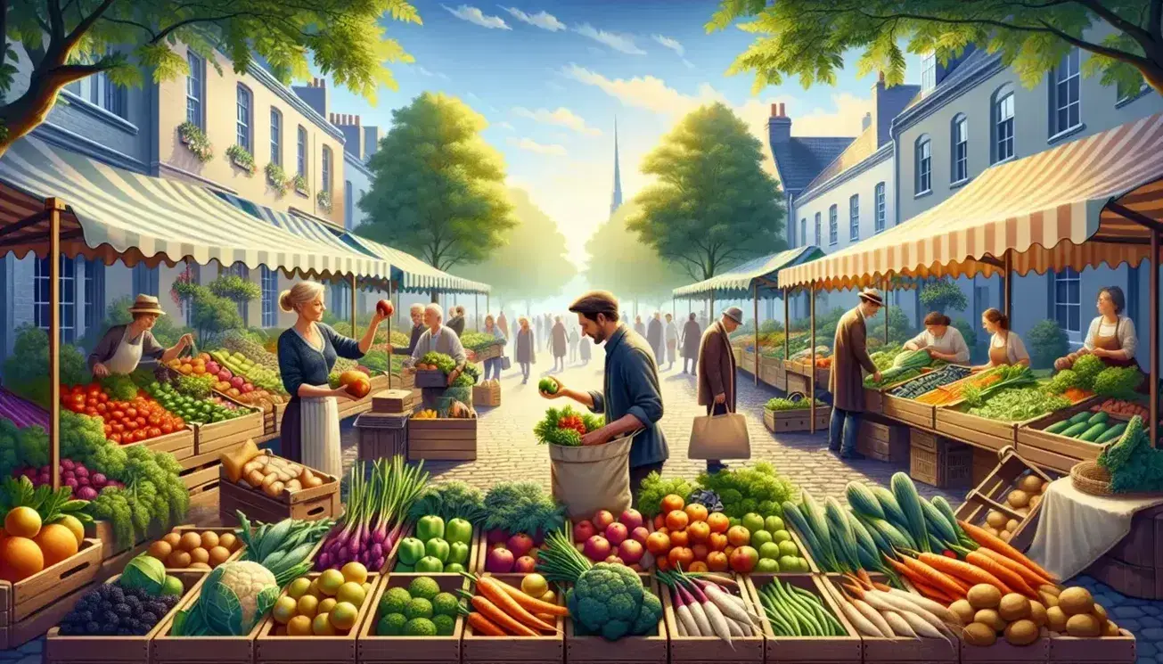 Lively farmers market with people purchasing fresh fruit and vegetables, interacting with vendors and filling canvas bags under a blue sky.