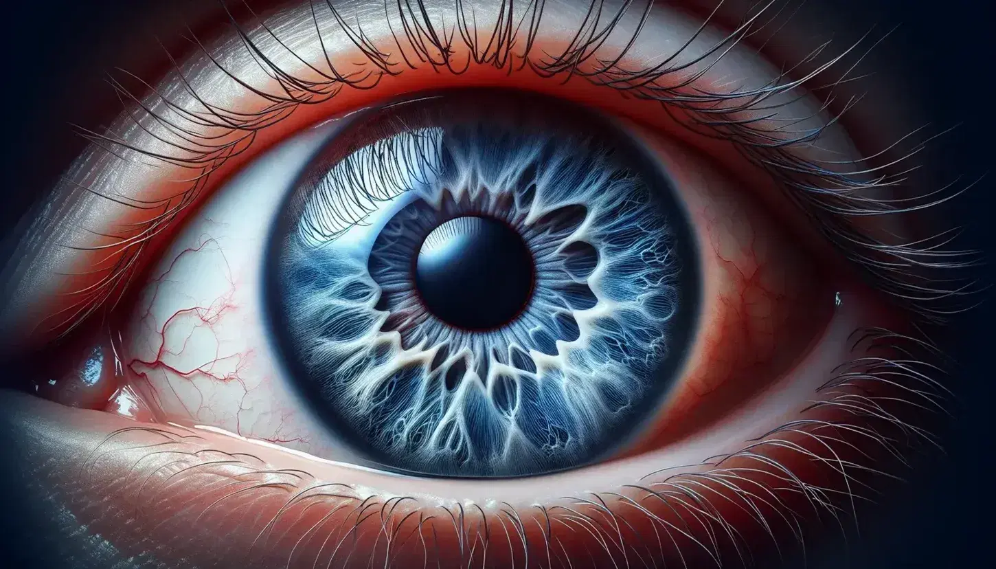 Primer plano de un ojo humano con iris azul intenso, pupila negra central, esclerótica blanca con finas venas rojas y pestañas curvadas, sin maquillaje.