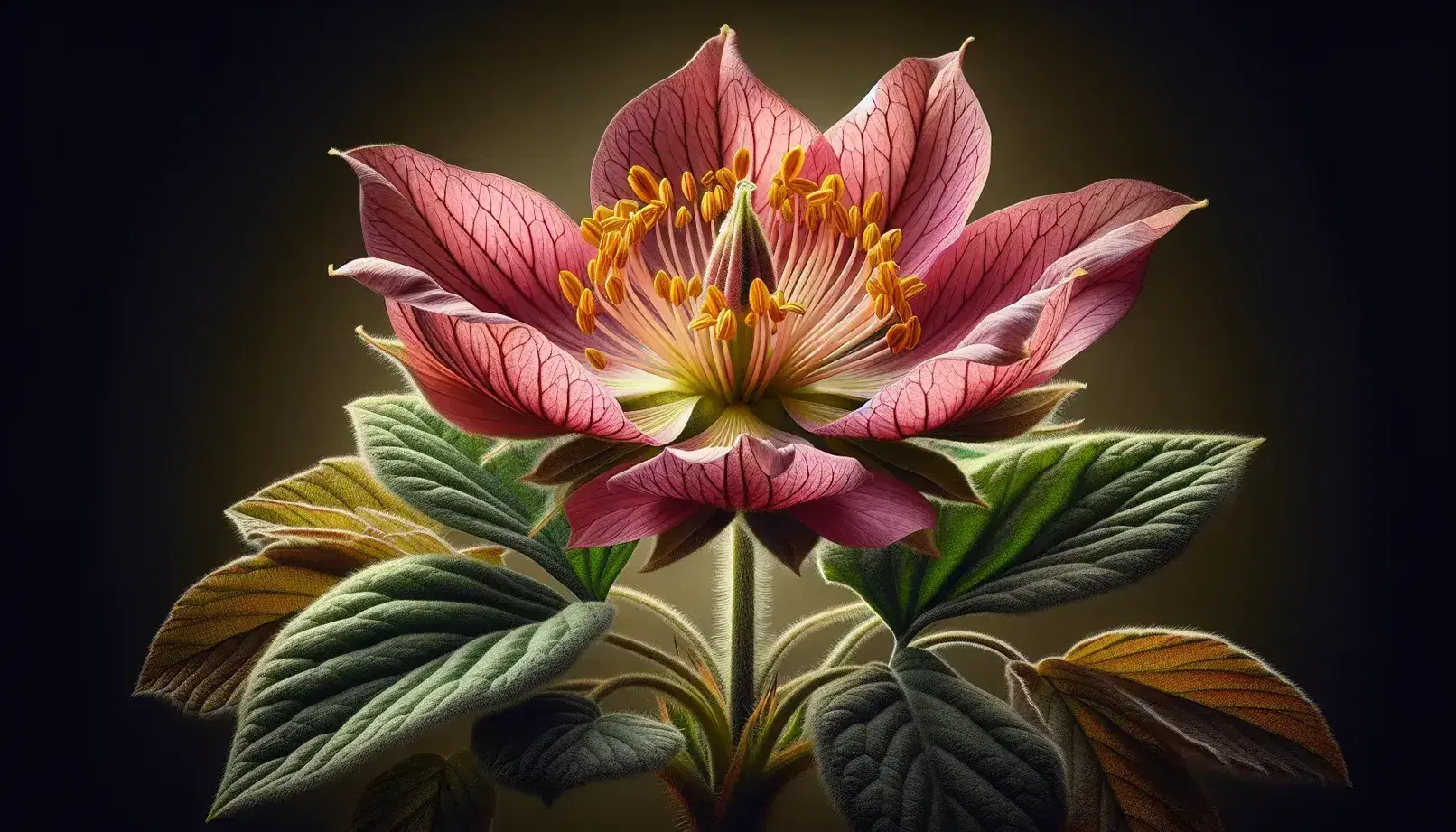 Flor angiosperma de pétalos rosados intensos que se aclaran hacia el centro y estambres amarillos dorados, rodeada de hojas verdes dentadas.