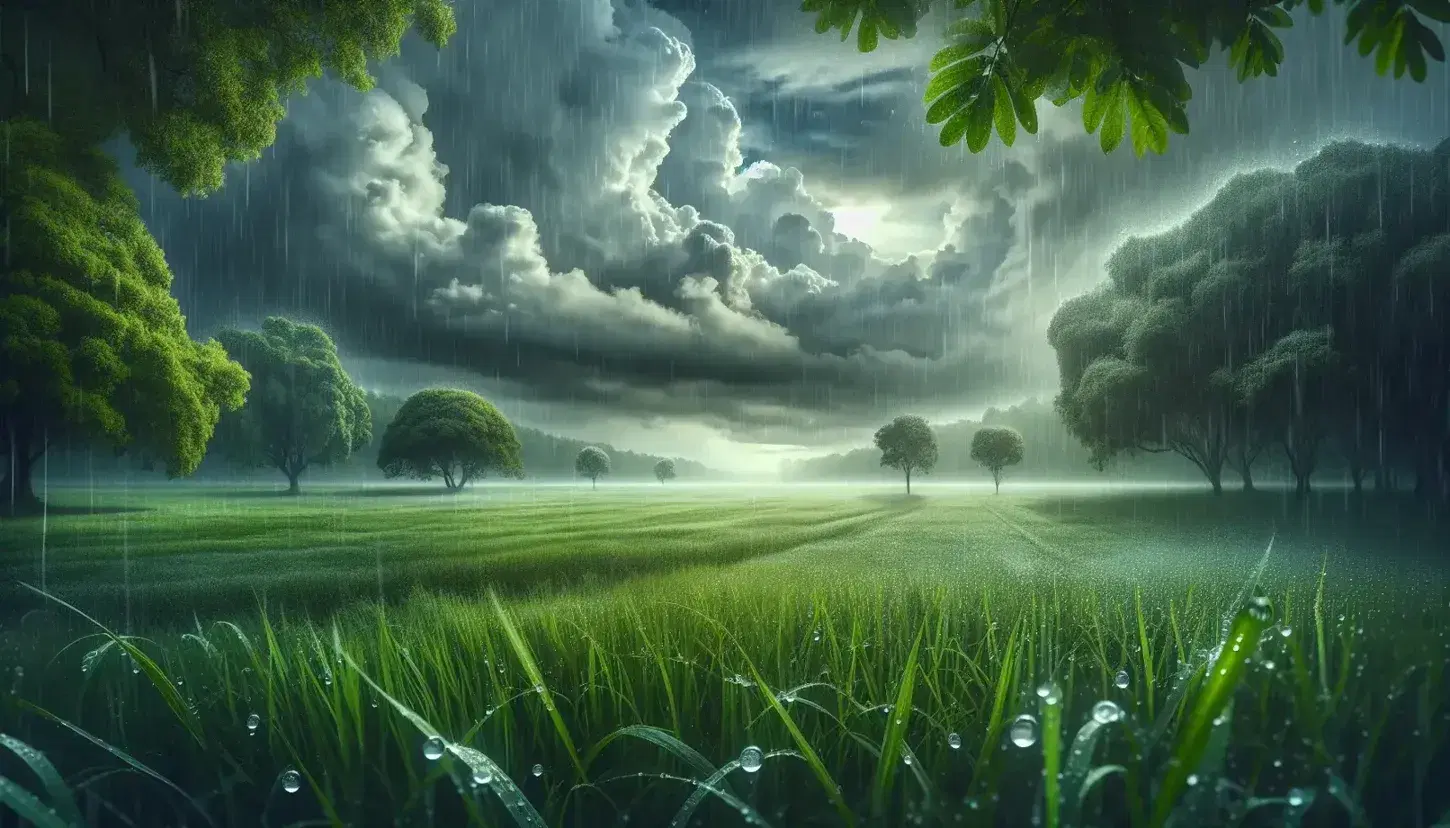 Paesaggio naturale con prato verde, alberi frondosi sotto cielo nuvoloso e pioggia, gocce di rugiada su foglie in primo piano.