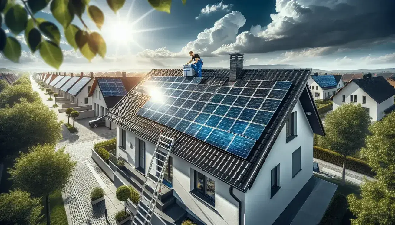 Pannelli solari neri lucidi coprono il tetto di una casa moderna, con un tecnico su una scala e un albero in primo piano.