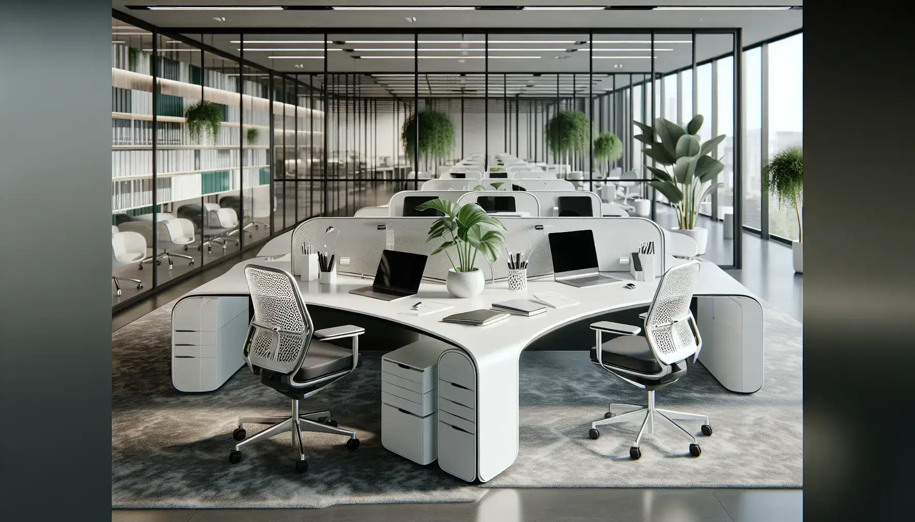 Modern open-plan office with clusters of white desks, black ergonomic chairs, laptops, and greenery, surrounded by glass-walled private offices.