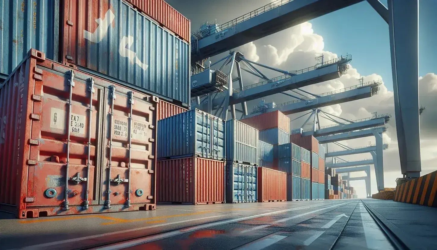 Contenedores de carga apilados en un puerto comercial con un contenedor azul desgastado al frente y uno rojo en perfecto estado, grúas de puerto al fondo bajo un cielo parcialmente nublado.