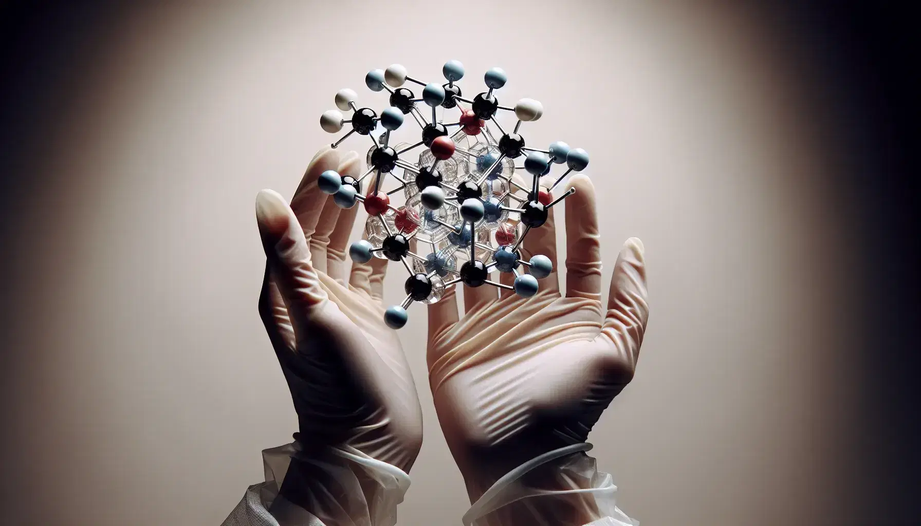 Hands with protective gloves hold colored molecular models, representing non-superimposable stereoisomers, on a neutral background.