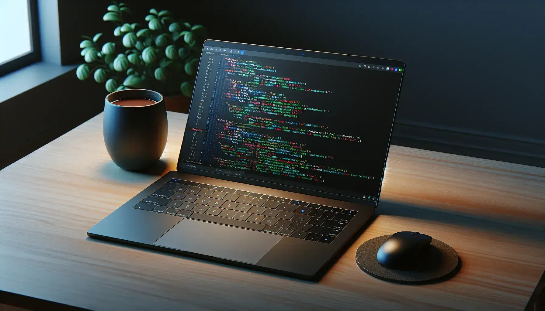 Portátil moderno sobre mesa de madera con código de programación en pantalla y taza de café al lado, rodeado de plantas de interior.