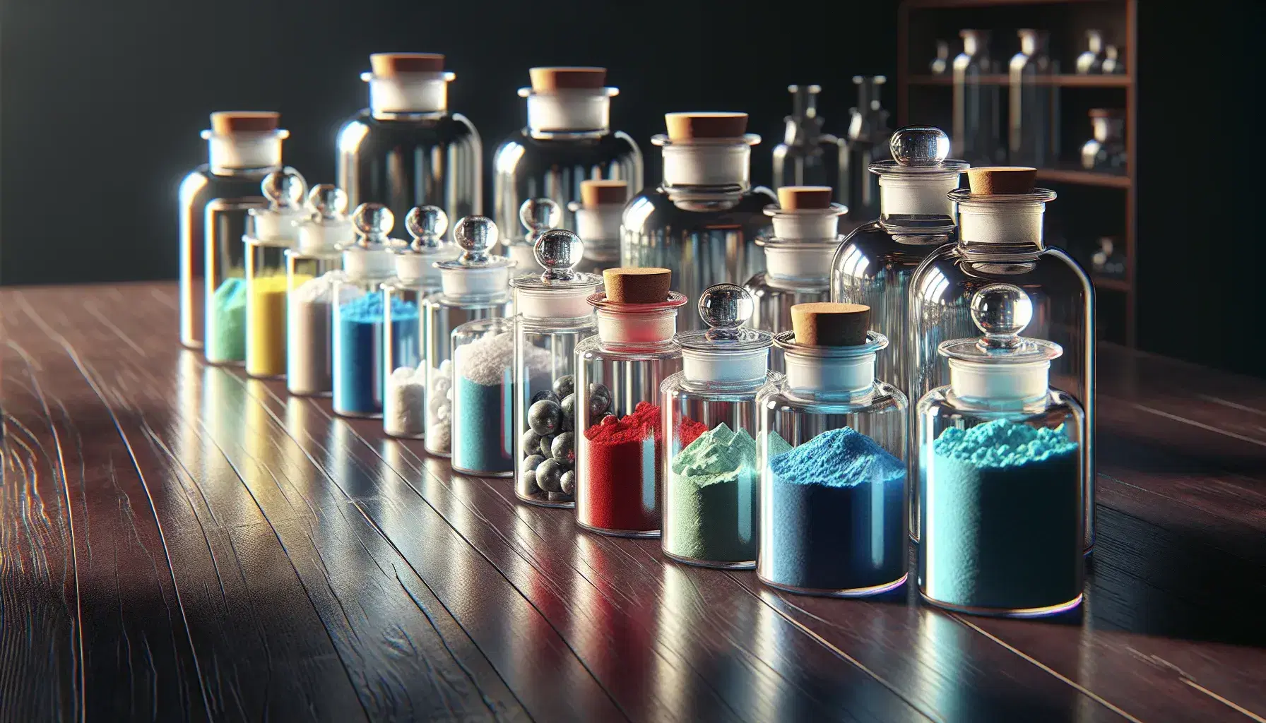 Frascos de vidrio con polvos y cristales de colores en laboratorio, iluminados por luz natural, sobre superficie de madera oscura, con estantería y utensilios al fondo.