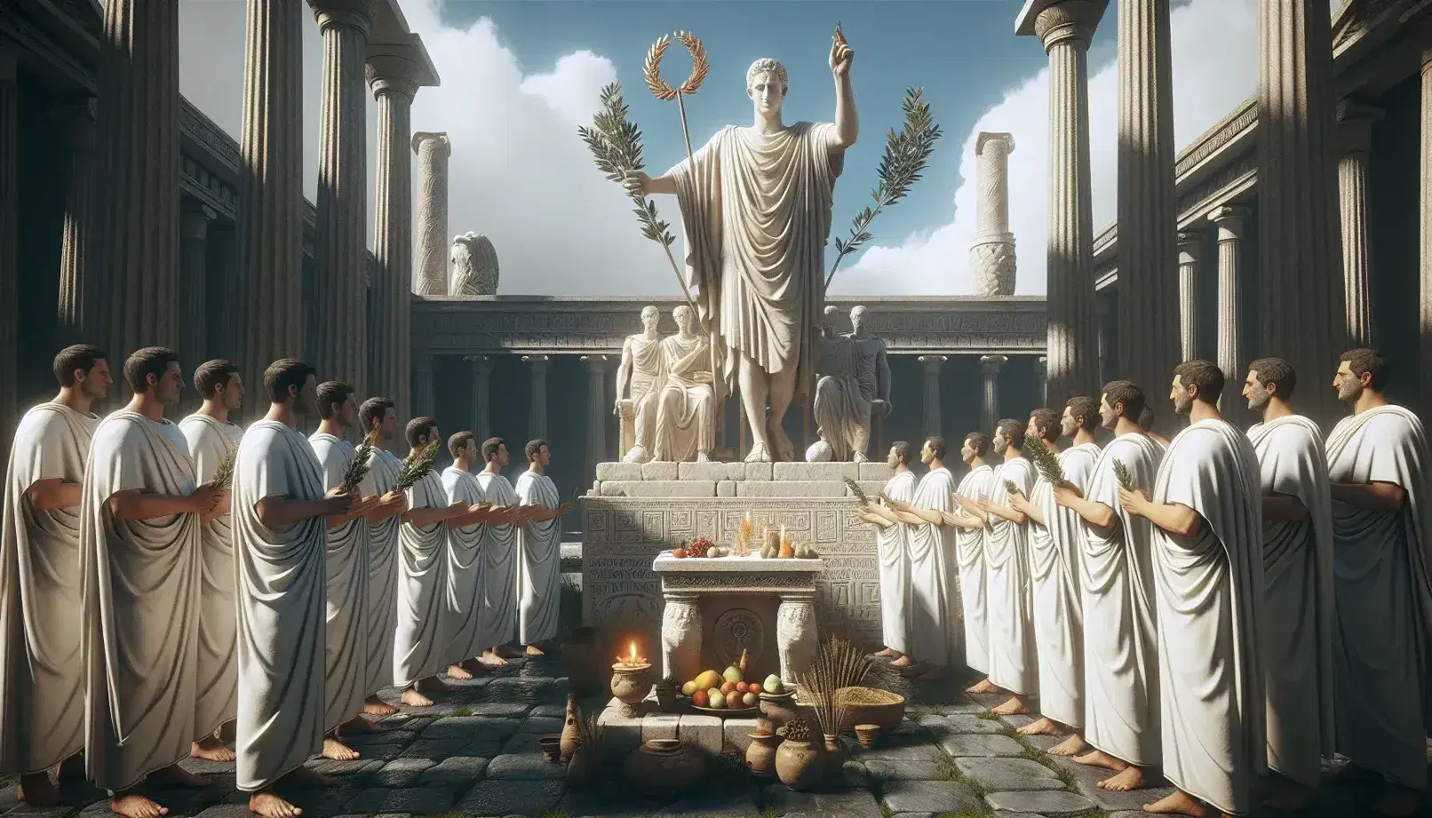 Rituale religioso romano antico con sacerdoti in toga bianca intorno ad un altare con offerte, statua divina e colonne di tempio sullo sfondo.