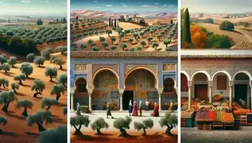 Collage fotografico di paesaggio spagnolo con uliveto, architettura moresca e mercato all'aperto con prodotti locali.