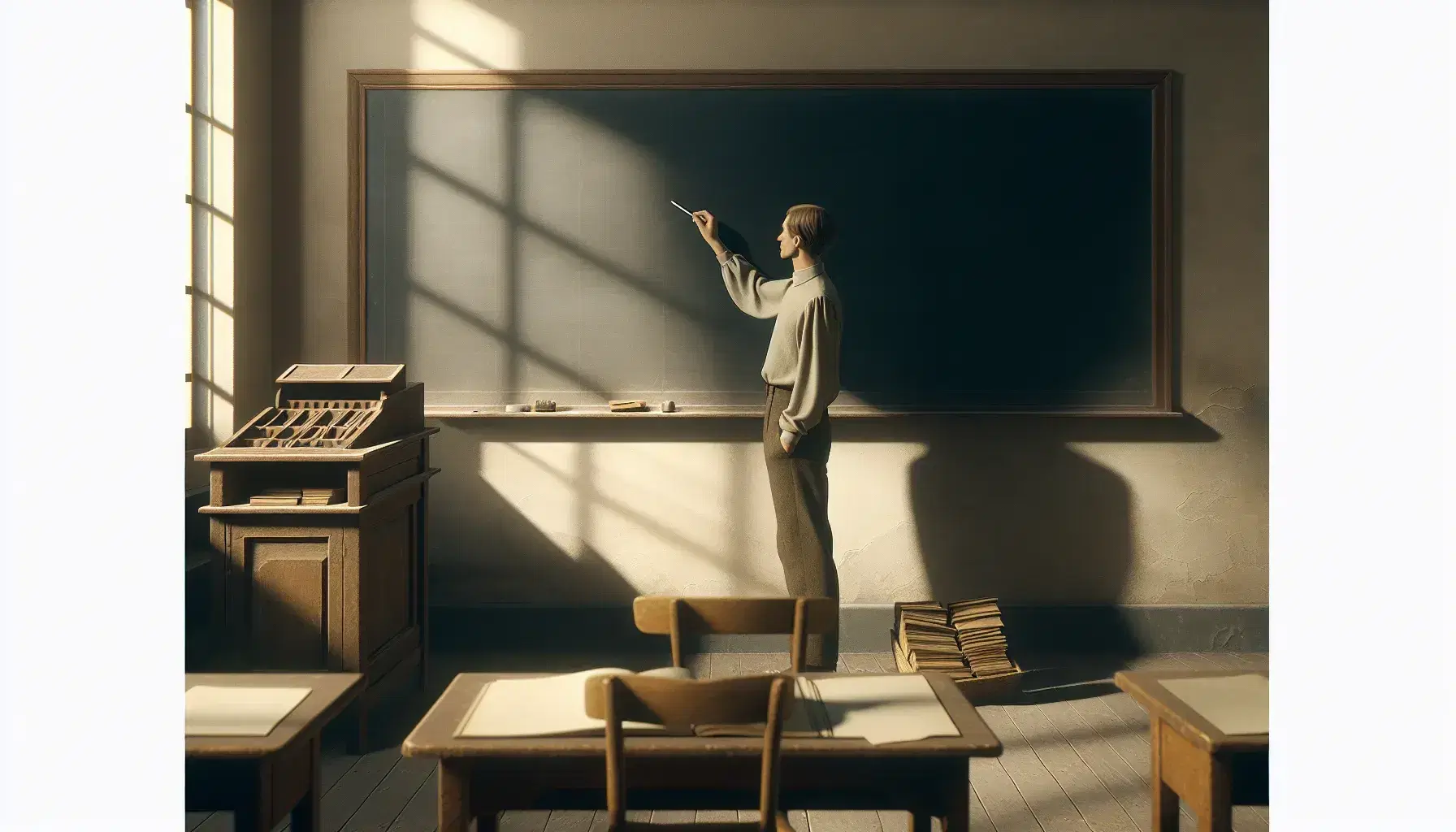Teacher poised to write on a classroom blackboard, holding chalk, with sunlight casting a shadow, beside a desk with books.
