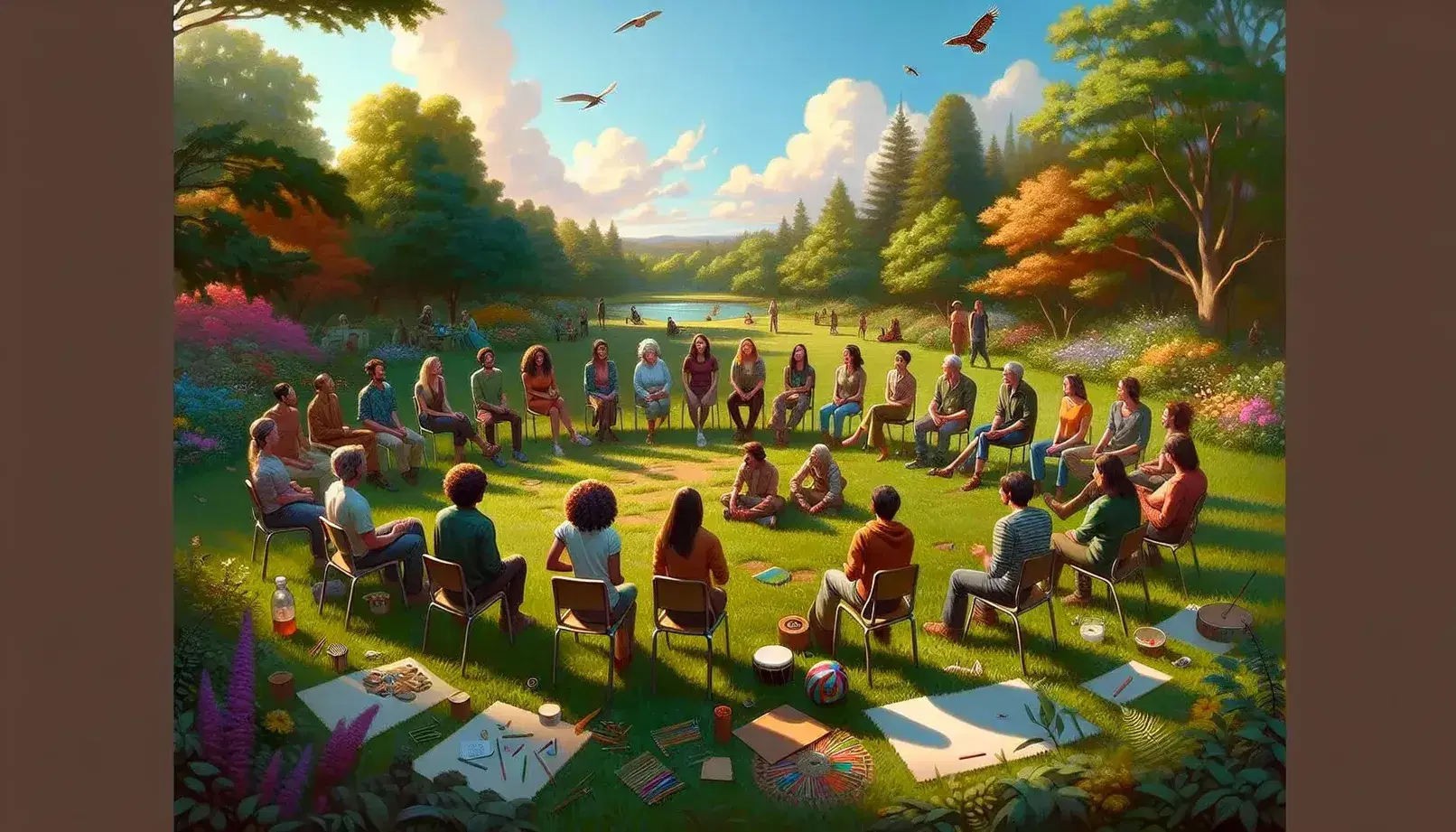 Gruppo multietnico seduto in cerchio all'aperto in un parco, impegnato in attività di gruppo con palla colorata, fogli e matite.