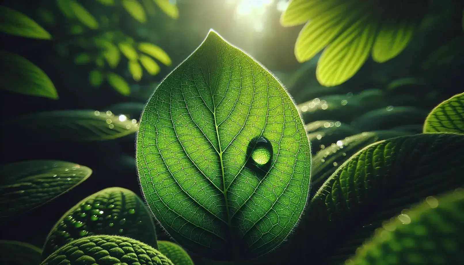 Foglia verde brillante con goccia d'acqua e riflessi solari, venature evidenti su sfondo sfocato naturale.