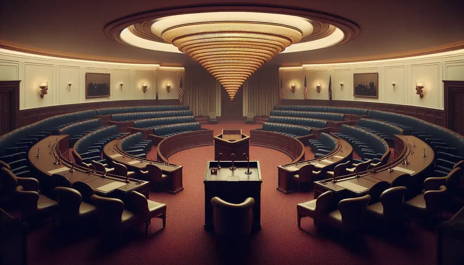 Interior view of a formal governmental trial chamber with tiered navy blue seating, a central mahogany podium, and a red carpet aisle.