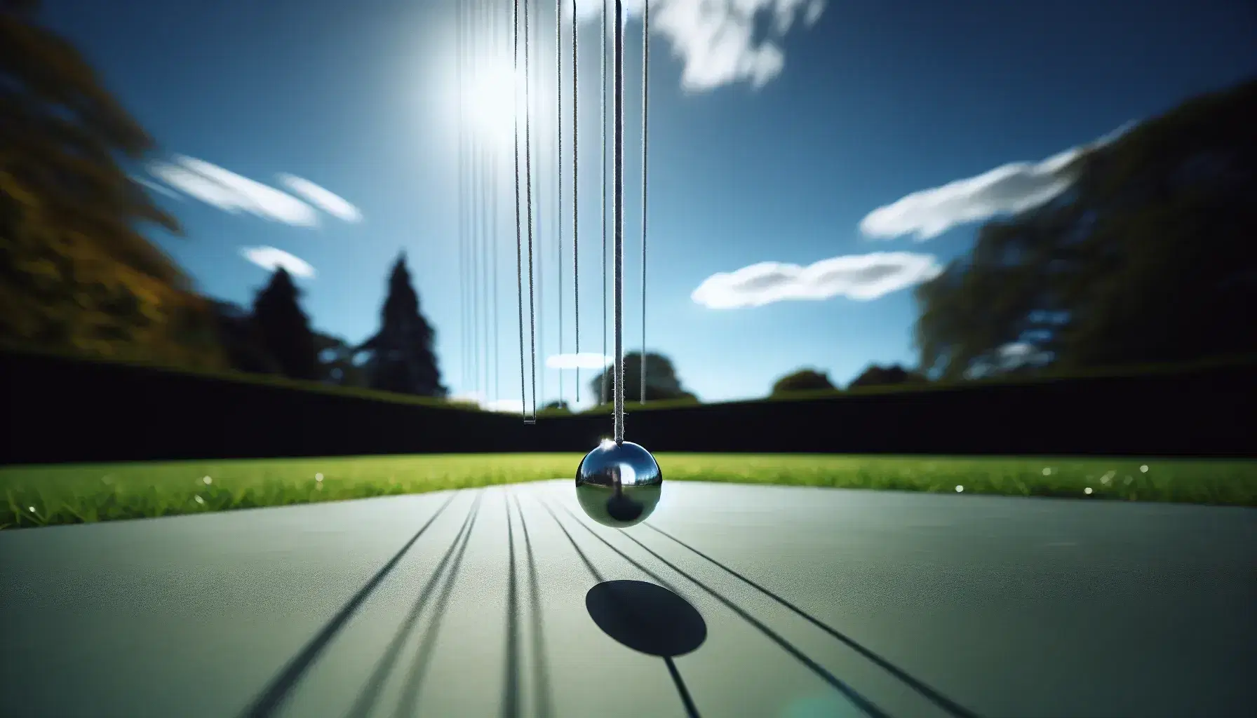Pendolo semplice in movimento con sfera metallica che riflette il sole, sospeso su erba verde con sfondo di alberi e cielo azzurro.