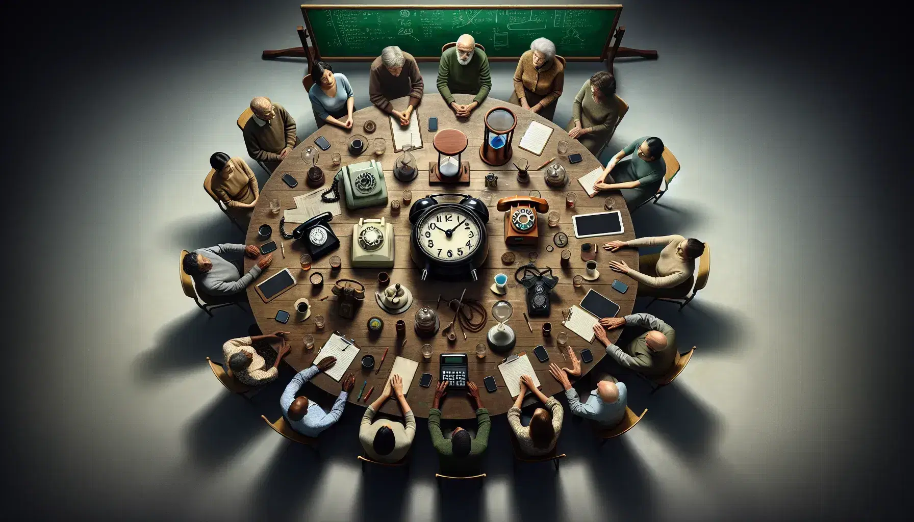 Grupo diverso de personas en animada discusión alrededor de una mesa con teléfono antiguo, smartphone, reloj de arena y reloj digital, en una sala con pizarra verde.