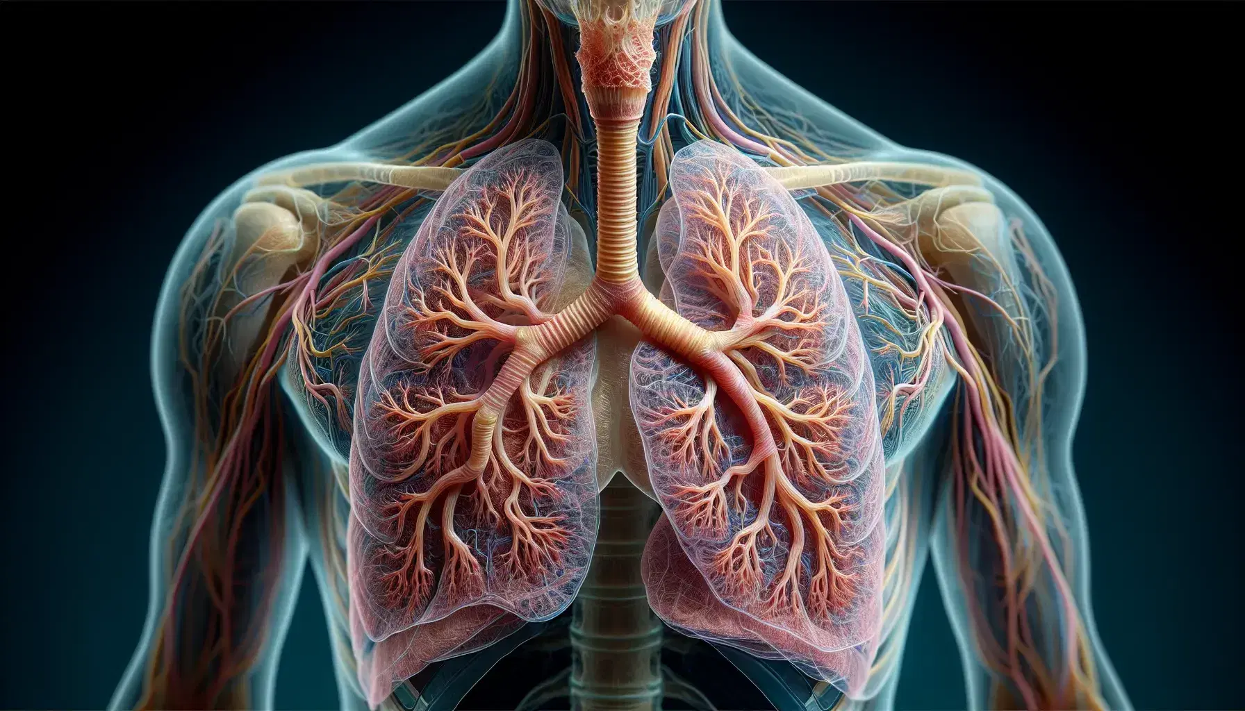 Semi-transparent human thorax model highlighting respiratory system with trachea, bronchi, pink lungs, and purple diaphragm encased by ribcage.