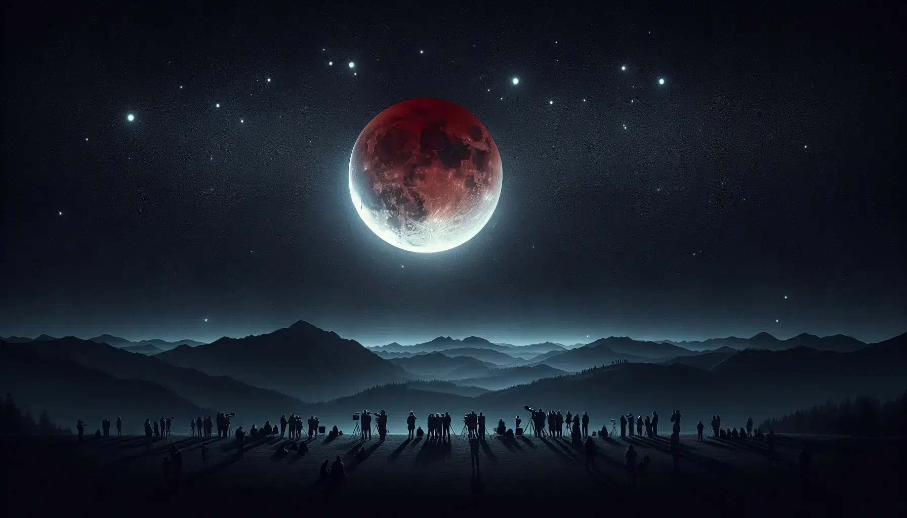 Eclissi lunare totale con luna rossa su cielo stellato e silhouette di persone che osservano da una montagna.