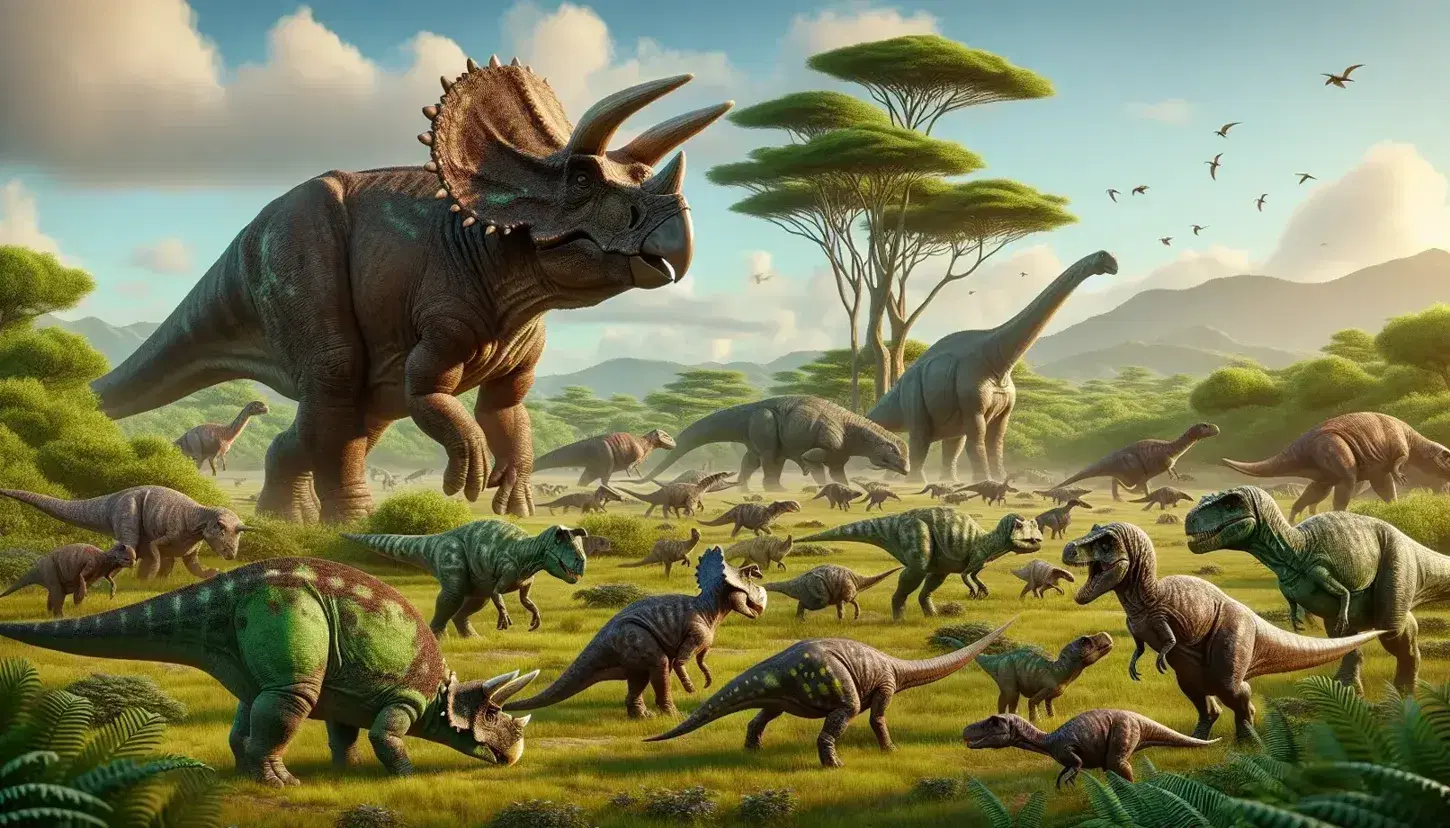 Escena prehistórica con Triceratops marrón, pequeños dinosaurios bípedos verdes, un sauropodo de cuello largo y un T-Rex rojizo bajo un cielo azul.