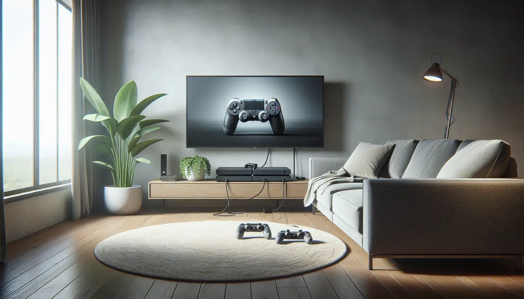 Modern living room with comfortable sofa, turned off TV and game console, controller on pillows and green plant next to it.