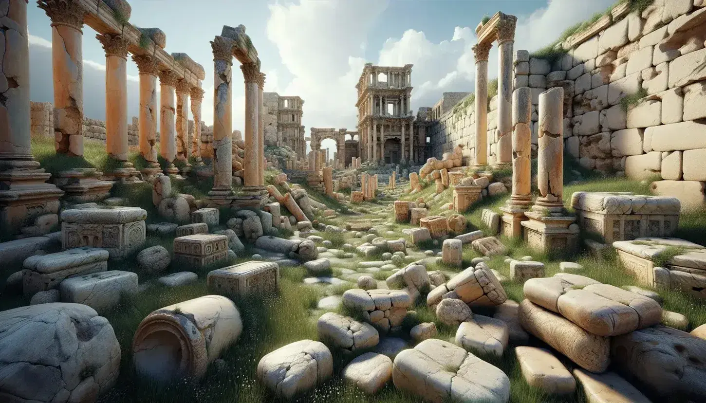 Ruinas romanas antiguas con columnas erosionadas y paredes derrumbadas entre vegetación, bajo un cielo azul con nubes dispersas.