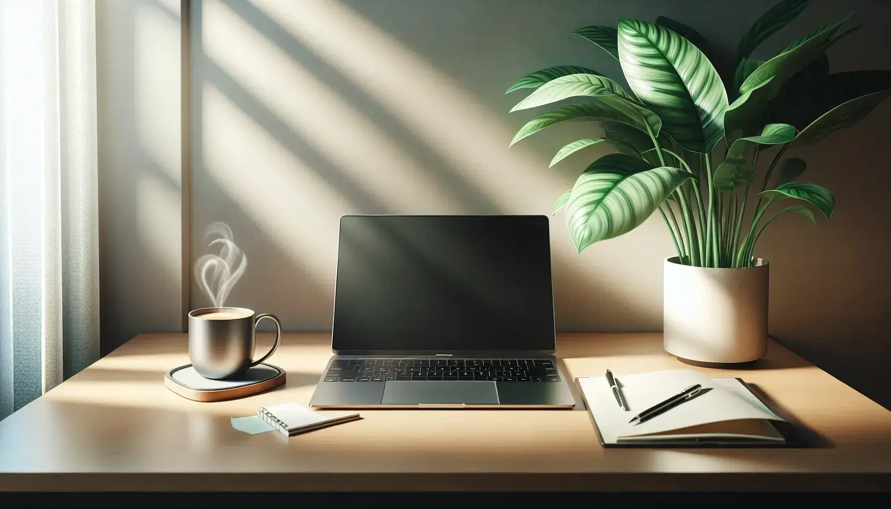 Tidy desk with modern laptop turned on, cup of steaming coffee on the left, notepad and pen on the right, green plant in the background.