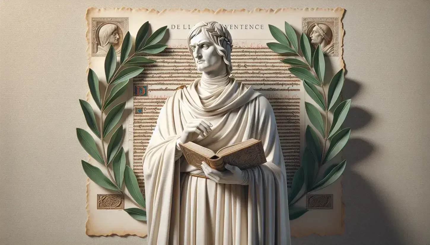 Statua in marmo bianco di Dante Alighieri con libro aperto, circondata da rami di alloro e sfondo di manoscritto antico.