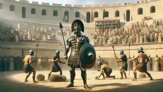 Gladiatori romani si allenano in arena, con armature e armi varie, sotto un cielo quasi senza nuvole.
