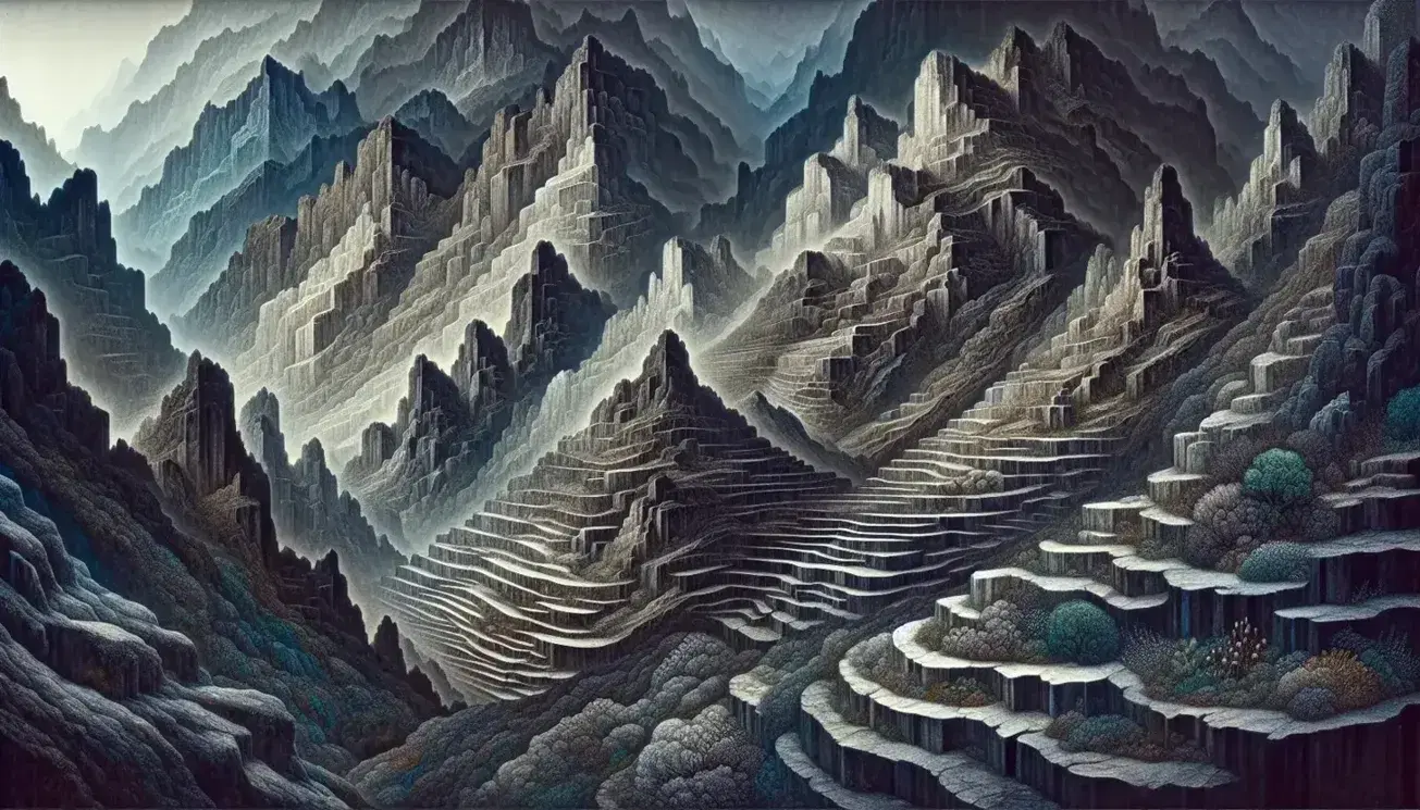 Montagna stratificata con terrazze ascendenti, da base scura a vetta nebbiosa, texture rocciosa e sfumature dal grigio al bianco.