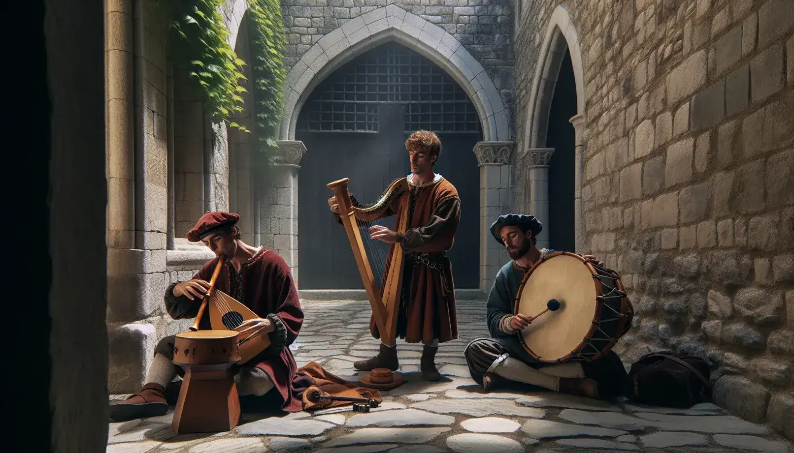Tre musicisti medievali suonano strumenti - liuto, flauto dolce e tamburo - in un cortile castellano con pareti di pietra e piante rampicanti.