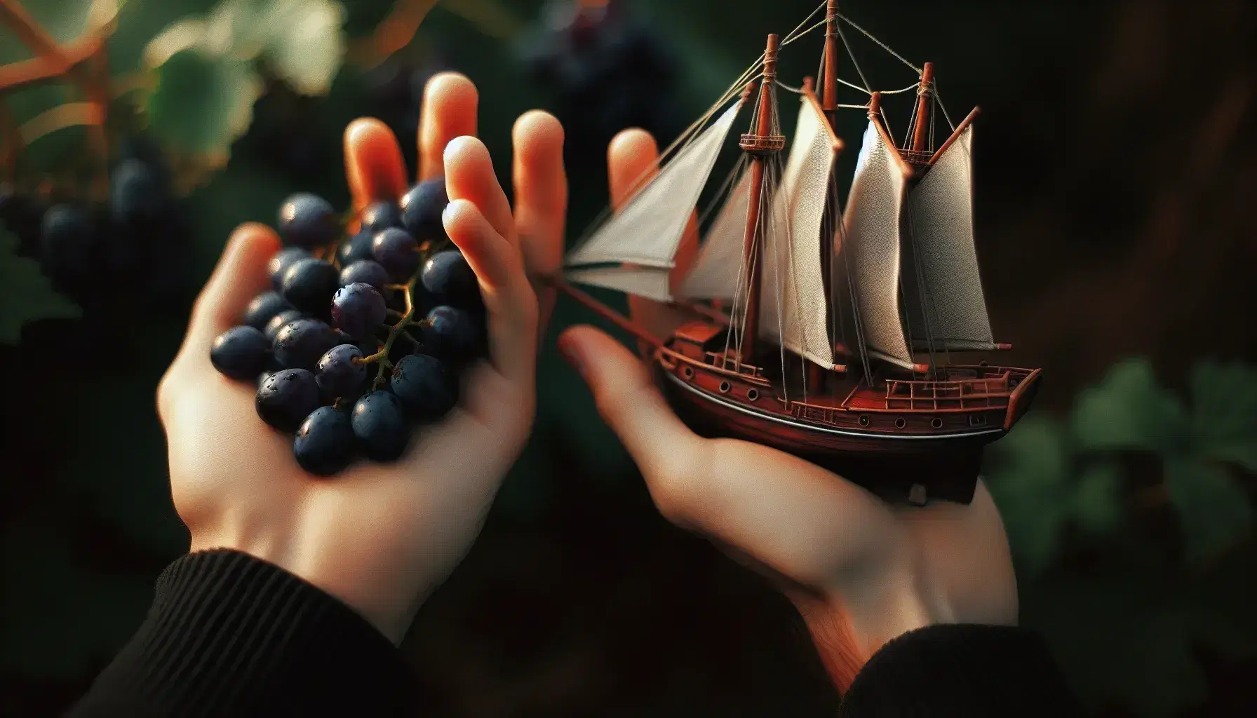 Manos intercambiando uvas frescas y maqueta de barco de madera en un entorno natural con luz suave, destacando detalles y texturas.