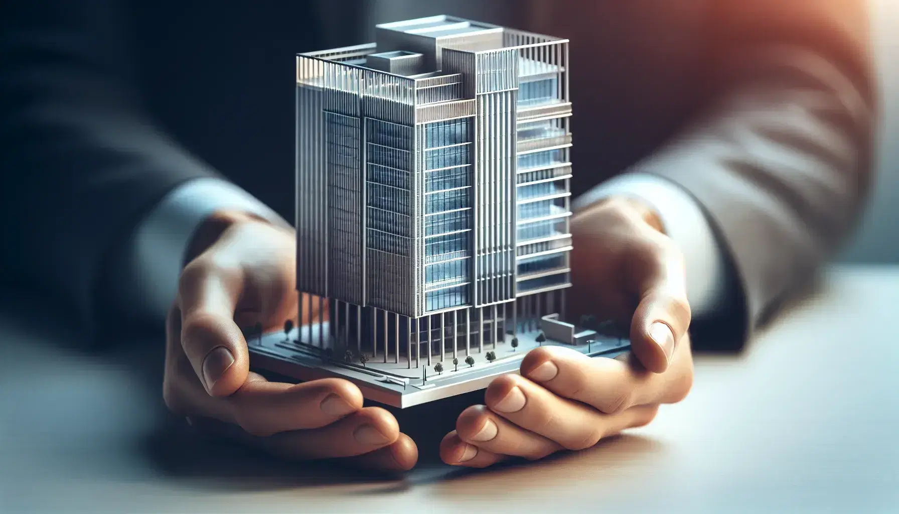 Close-up view of hands holding a detailed scale model of a modern corporate building with glass facades and metallic finish.
