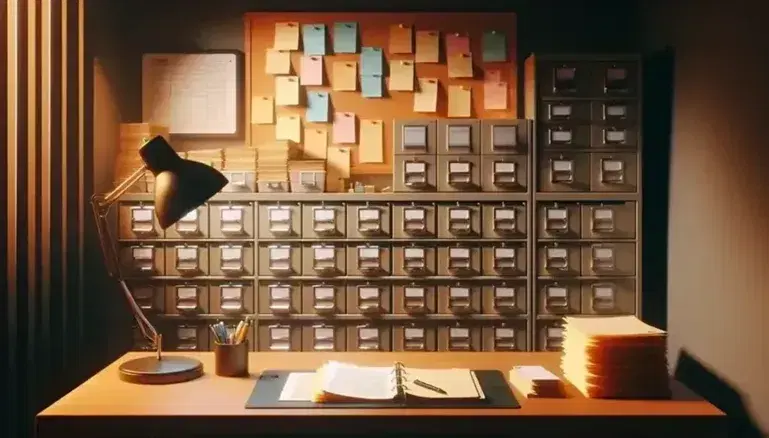 Organized office with polished wooden desk, lamp, categorized paper stacks, color-coded index cards on bulletin board, and open filing cabinet with folders.