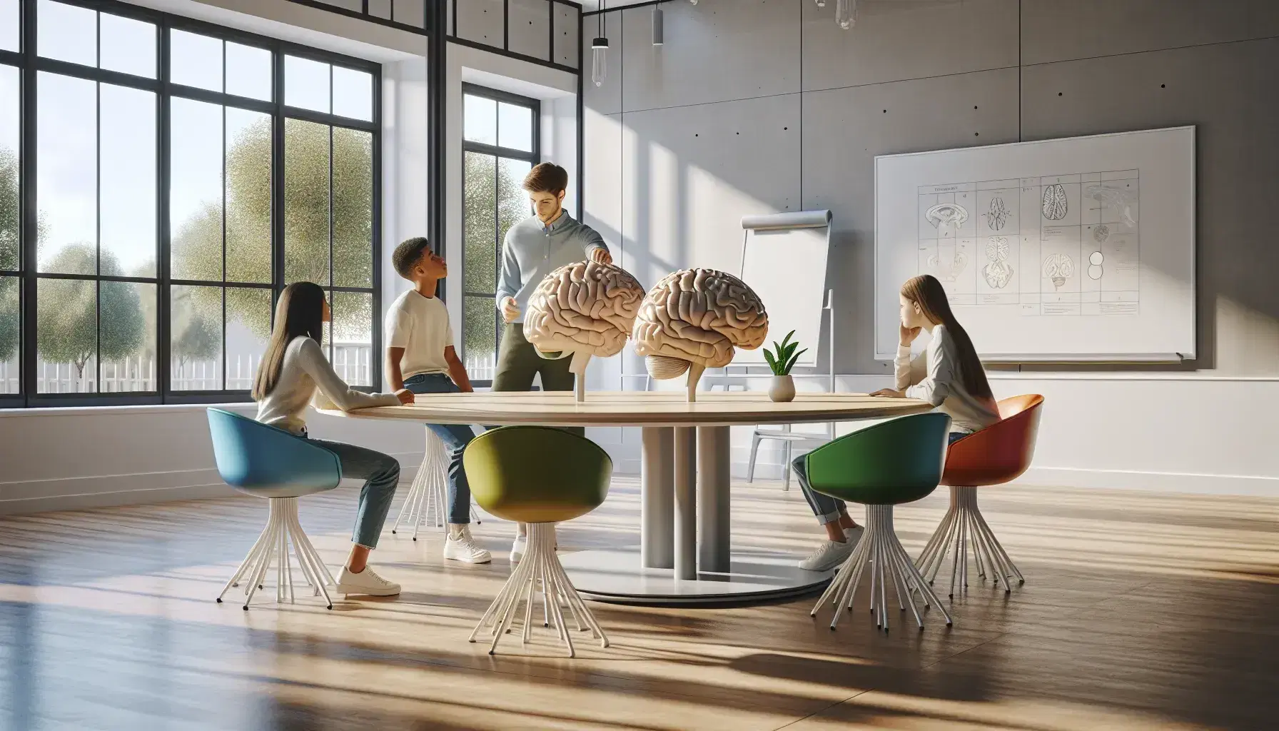 Aula escolar moderna y luminosa con mesa redonda y sillas ergonómicas de colores, estudiantes interactuando con modelo 3D del cerebro humano, pizarra blanca y planta verde.