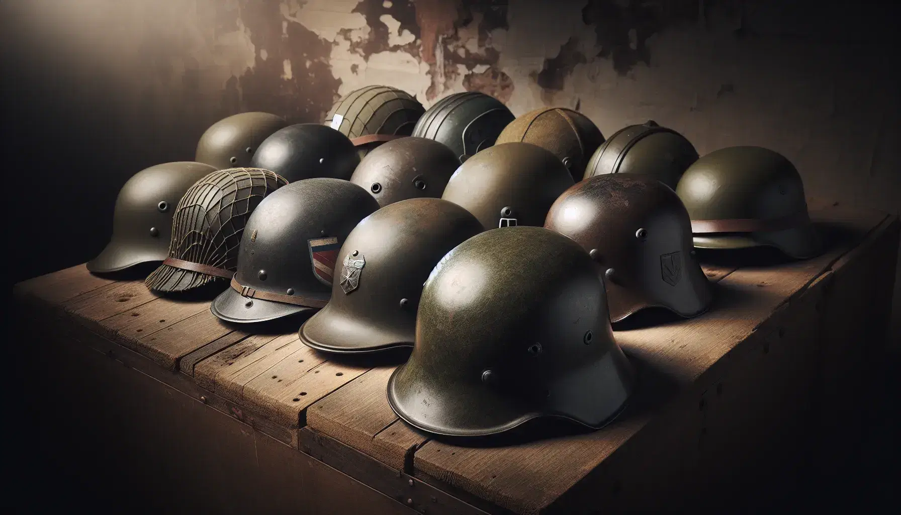 Colección de cascos militares de la Segunda Guerra Mundial en madera desgastada con fondo de pared de ladrillo envejecido.
