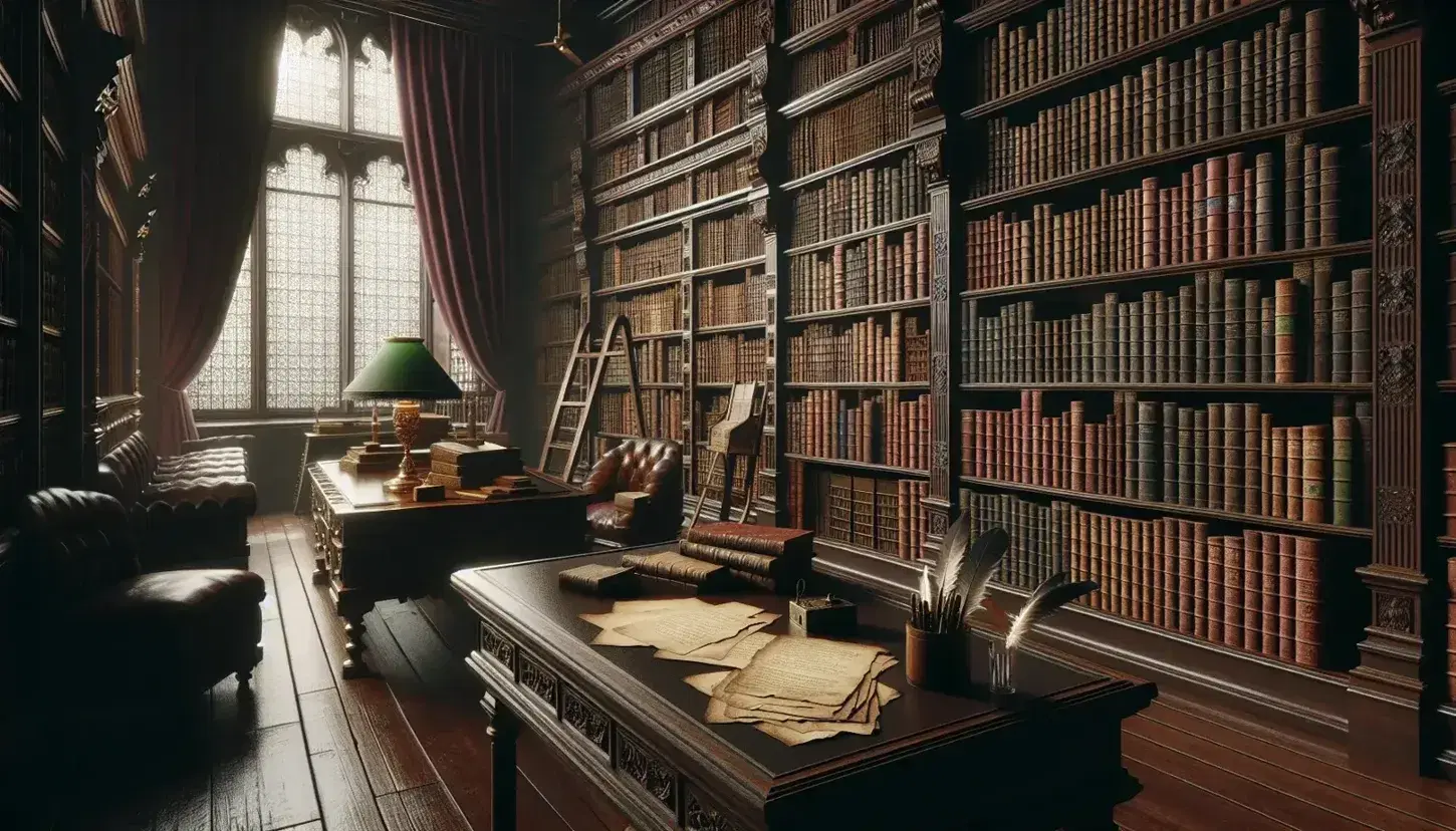 Biblioteca antica con scaffali in legno scuro pieni di libri in pelle colorata, scrivania con fogli e penna d'oca, lampada in ottone e scala.