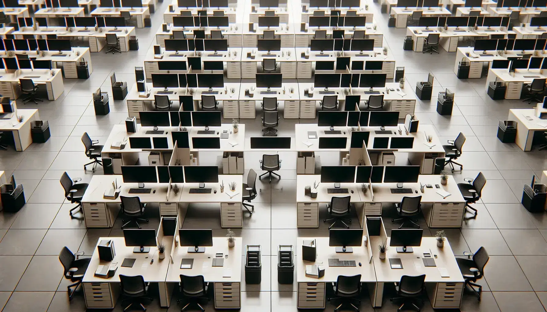 Vista aérea de oficina moderna con filas de escritorios blancos y sillas ergonómicas negras, monitores apagados y planta verde al fondo.