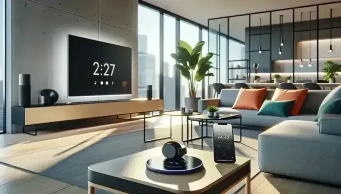 Modern living room with smart TV, wireless charging pad with phone, gray sofa with colorful cushions, tablet, headphones, and smart home assistant.