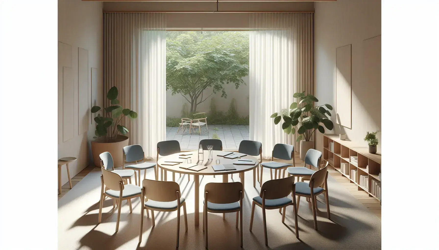 Quiet classroom with blue chairs arranged in a circle, wooden table with paper and pens, bottle of water and green plant in pot.