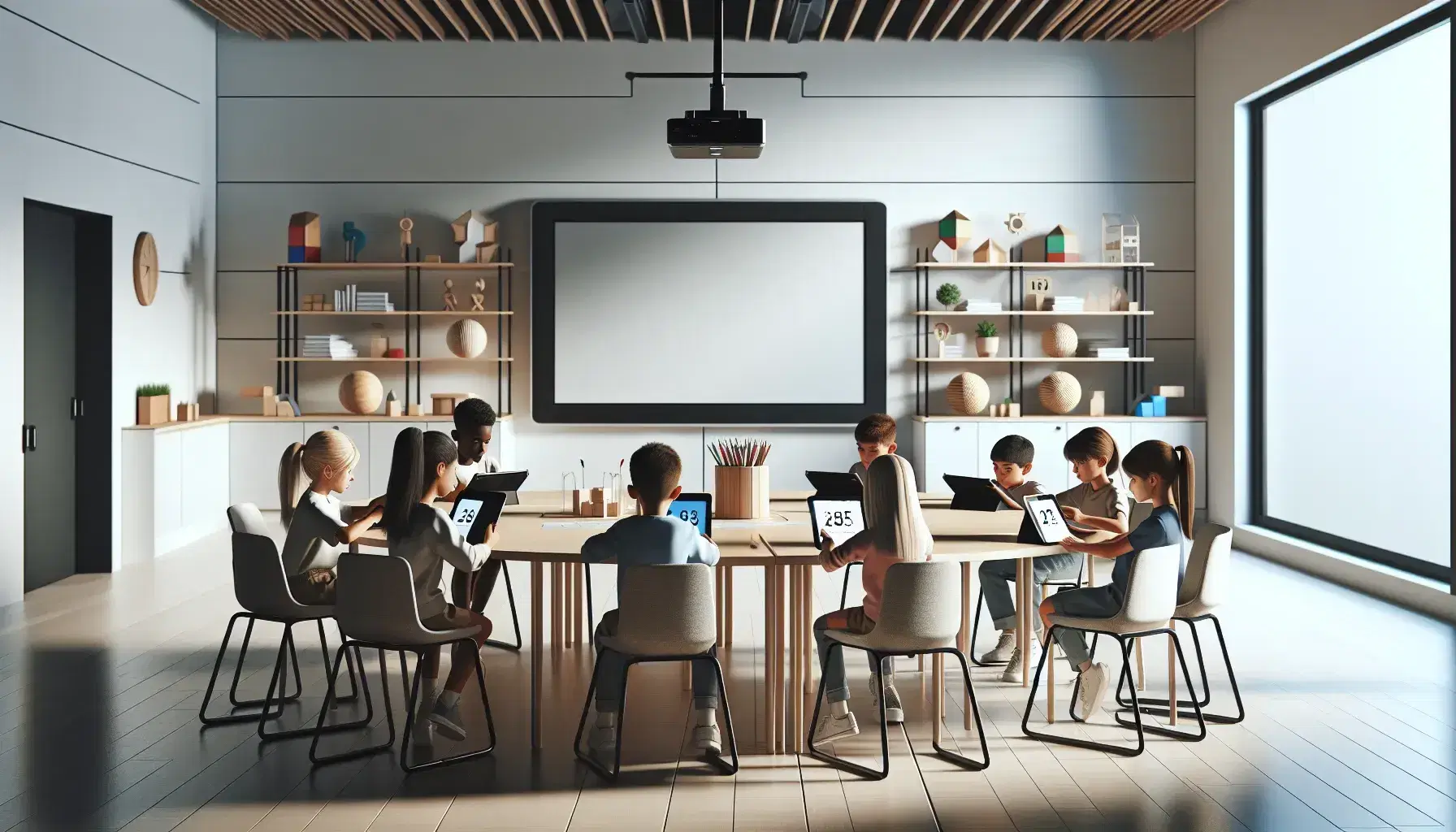 Aula moderna y luminosa con cinco estudiantes concentrados en tareas con tabletas digitales sobre mesa redonda, estantería con objetos educativos y pizarra blanca al fondo.