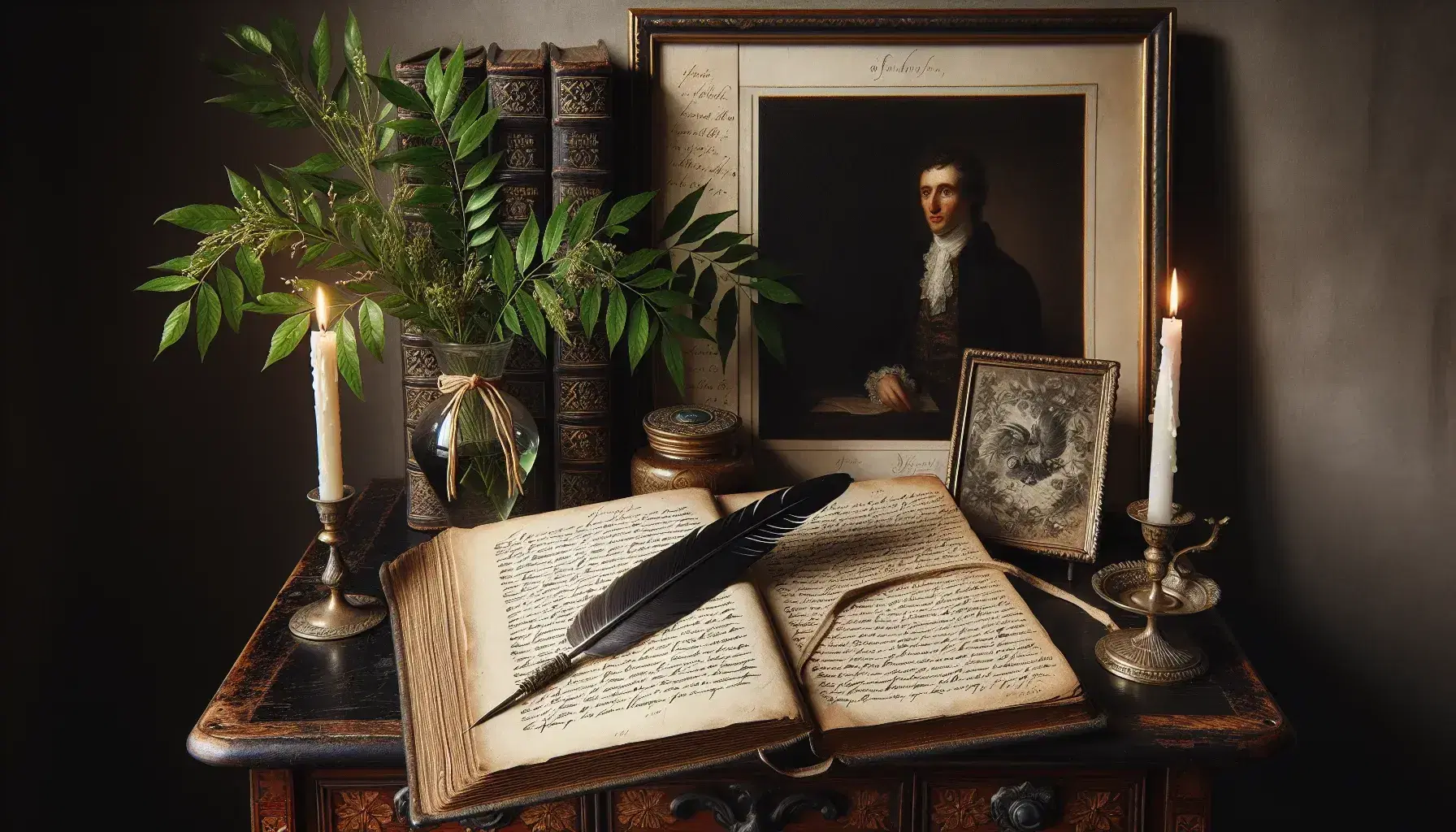 Scrivania antica in legno scuro con libro aperto, penna d'oca e calamaio, mazzetto di alloro, candela mezza consumata e orologio da tasca dorato.
