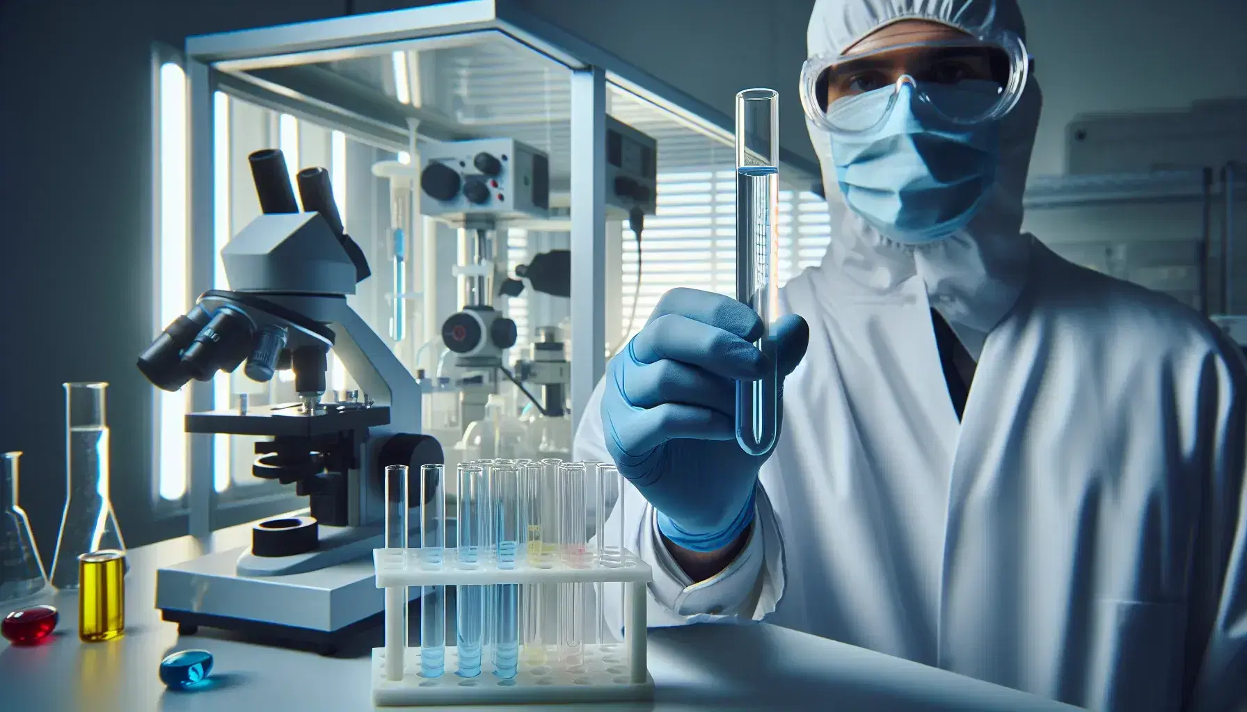 Científico en laboratorio sosteniendo tubo de ensayo con solución azul, rodeado de tubos de colores y microscopio, enfocado en la investigación.