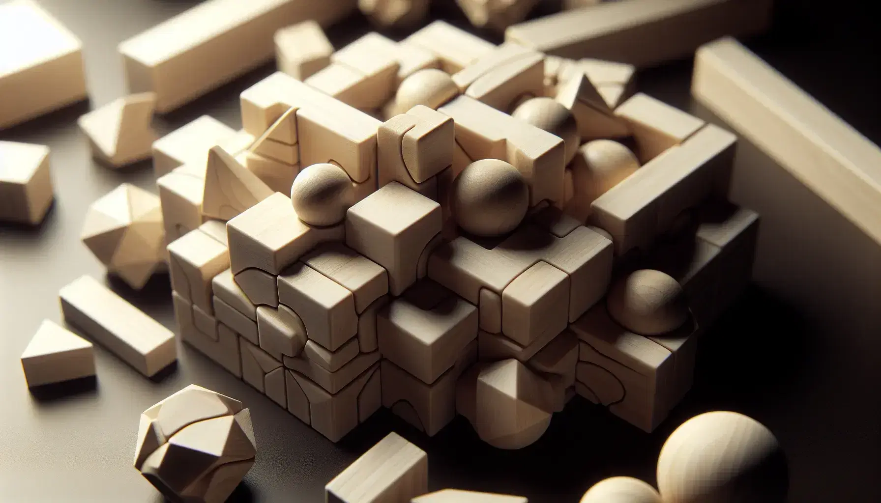 Close-up of a three-dimensional wooden puzzle with interlocking pieces, some assembled and others scattered on a black background.