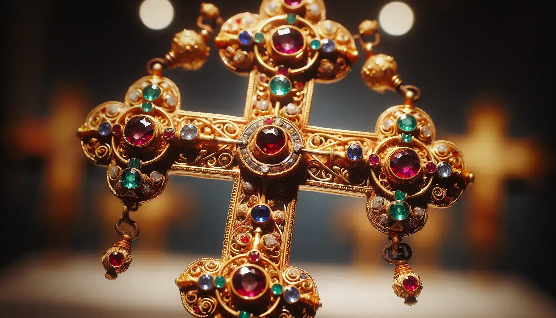 Crocefisso in oro lombardo con gemme incastonate, lavorazione filigrana e granulazione, motivi geometrici e spirali, sfondo sfocato.