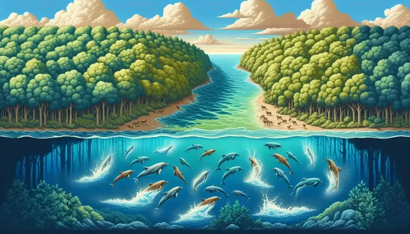Cervo che beve da un fiume serpeggiante in una foresta rigogliosa, con delfini che emergono in un mare al tramonto.
