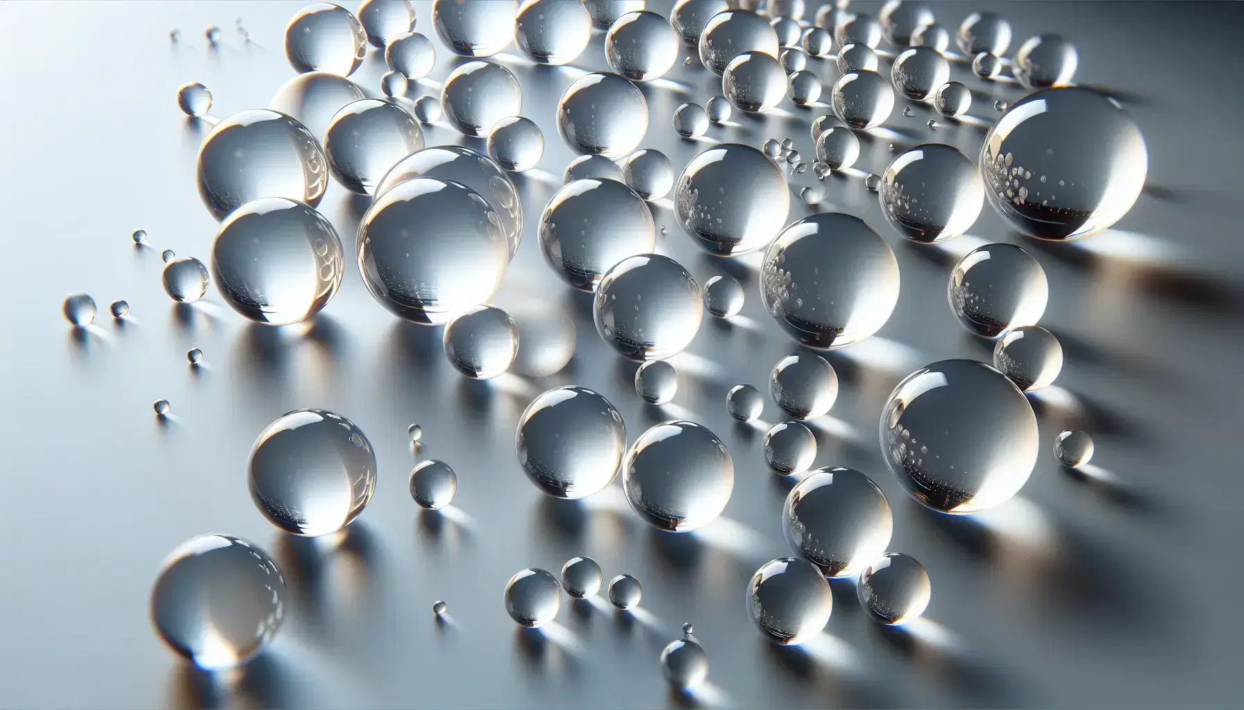Sfere di vetro trasparenti di varie dimensioni su superficie grigia opaca con riflessi luminosi e gioco di ombre e trasparenze.