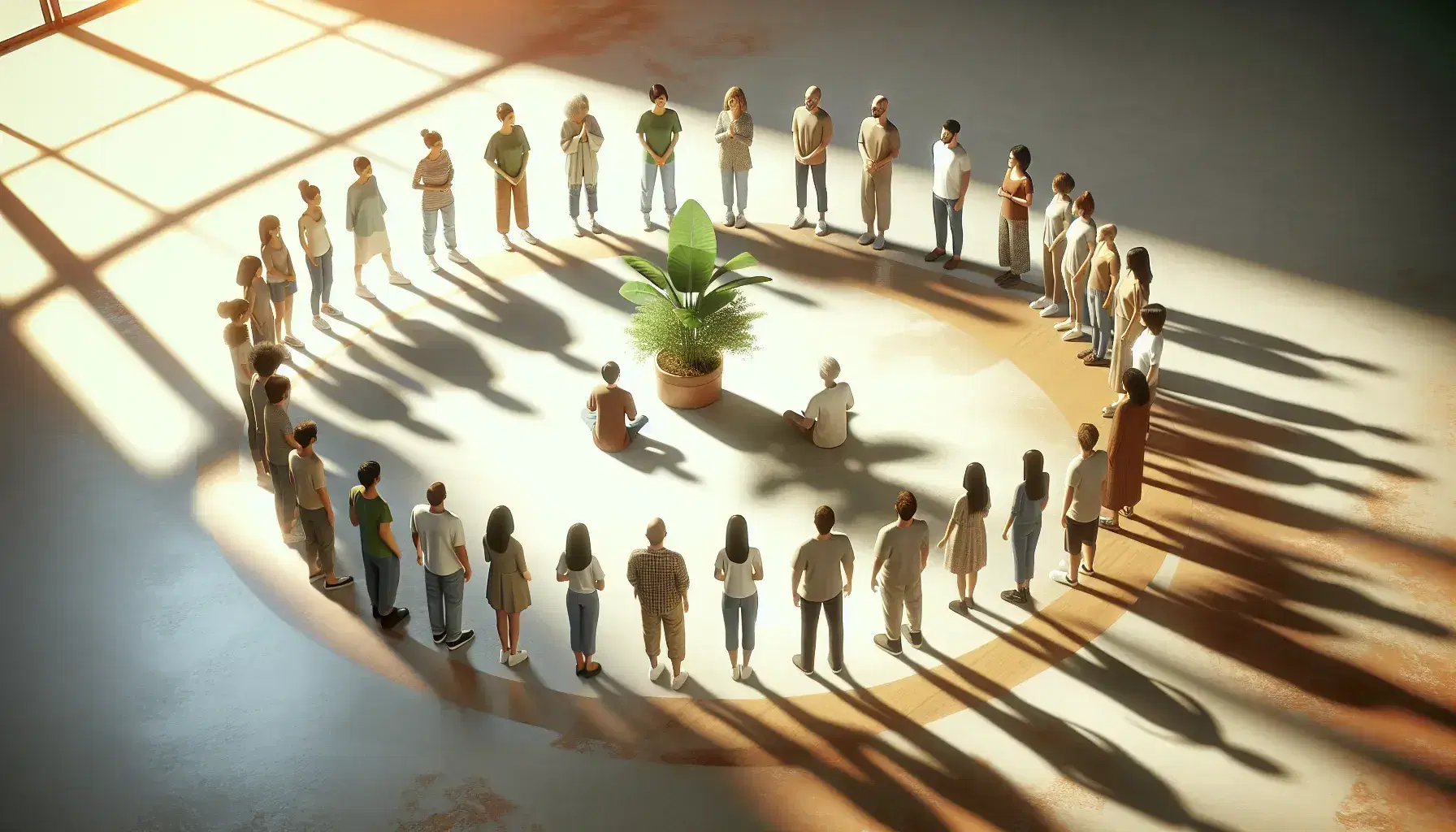 Grupo diverso de personas en círculo alrededor de una planta bajo luz natural, transmitiendo serenidad y unidad en un espacio luminoso con tonos tierra.