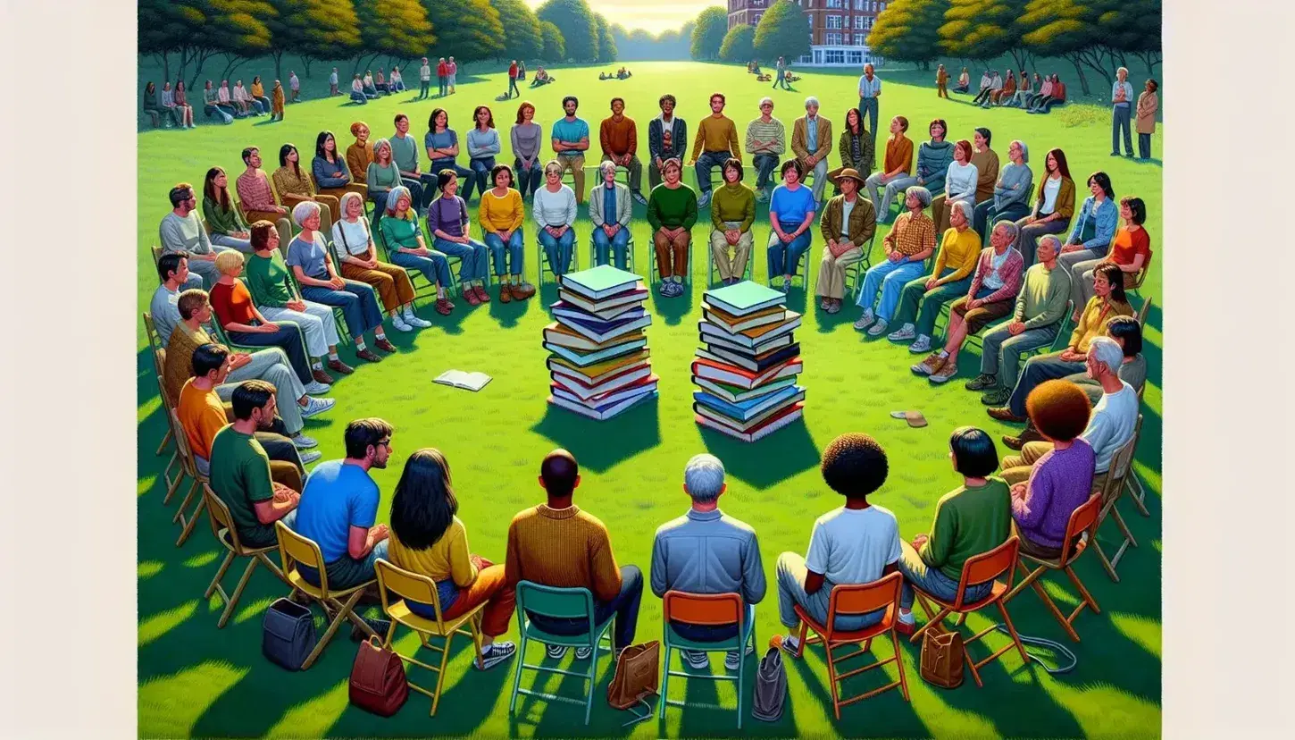 Gruppo multietnico seduto in cerchio su sedie colorate all'aperto con libri al centro, in un parco tranquillo durante una giornata serena.