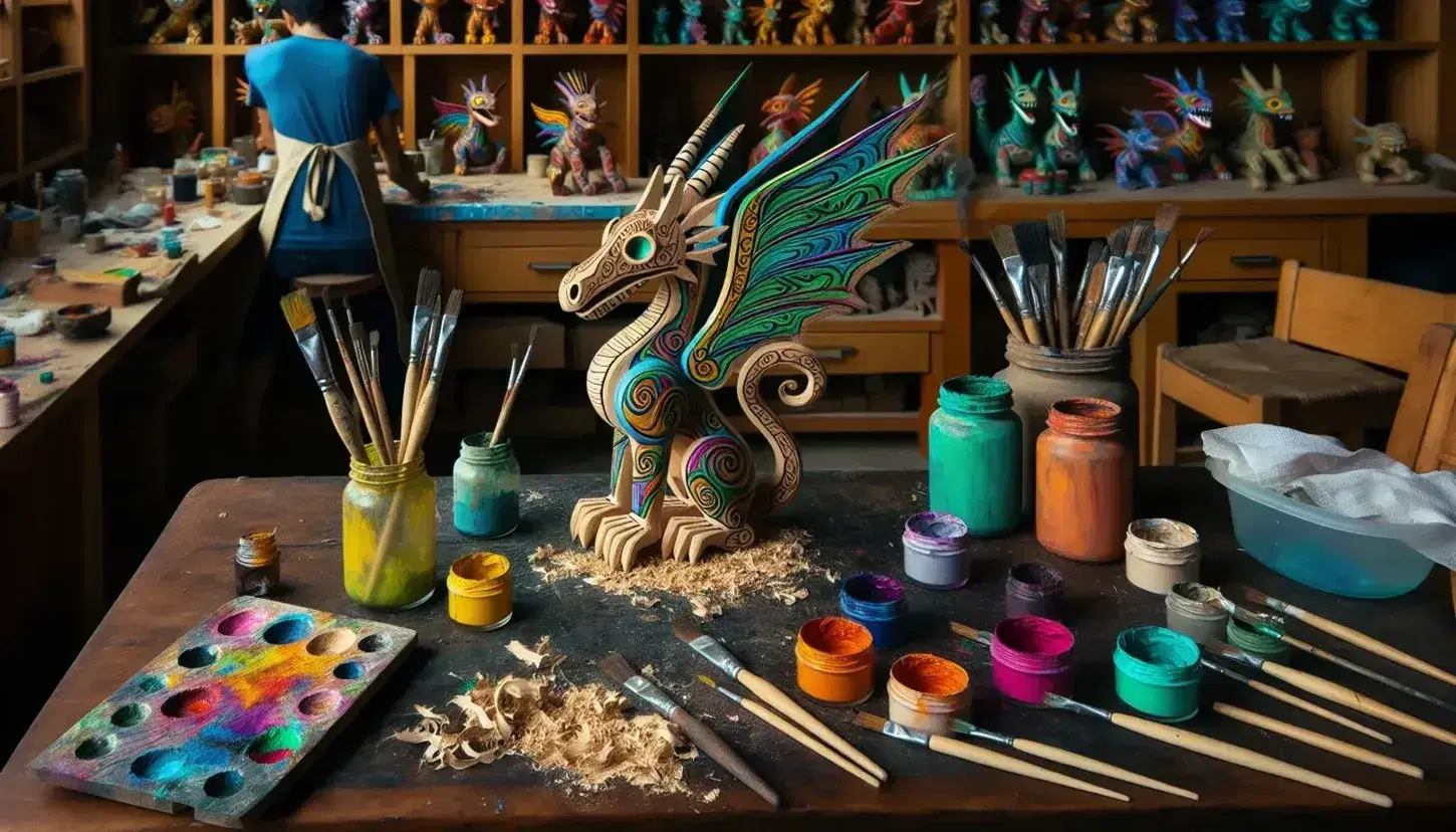 Mesa de artesanía con alebrijes coloridos, uno terminado en forma de dragón y otro sin pintar, pinceles en frascos y pigmentos, con artesano trabajando al fondo.