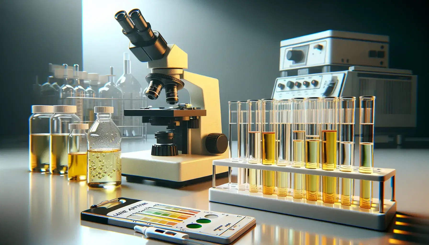 Laboratorio clínico con tubos de ensayo de orina en gradiente de amarillo, microscopio y tira reactiva de análisis junto a centrífuga desenfocada.