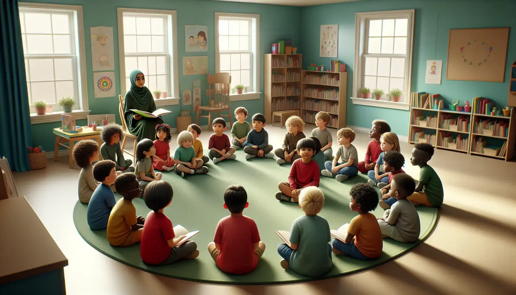Children of different ethnicities listen to an adult reading a colorful book in a bright classroom with games and books in the background.