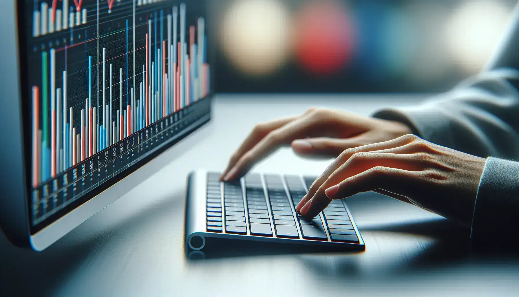 Hands above a modern black and silver keyboard with screen background with colorful bar graphs indicating data analysis.